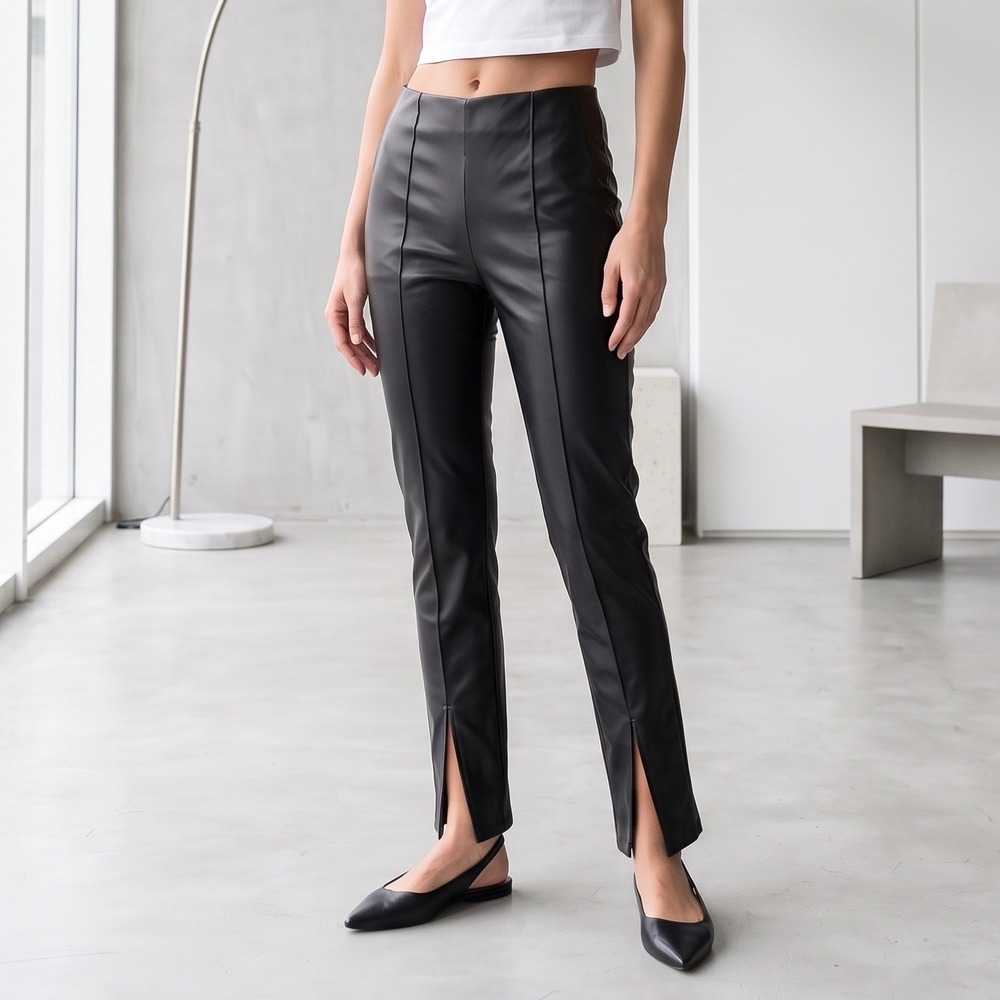 Grey Lab Faux Leather Straight-Leg Split-Hem Pants Black High Rise Size XS